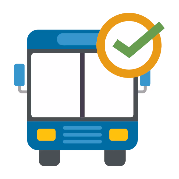 blue transit bus with green checkmark on top 