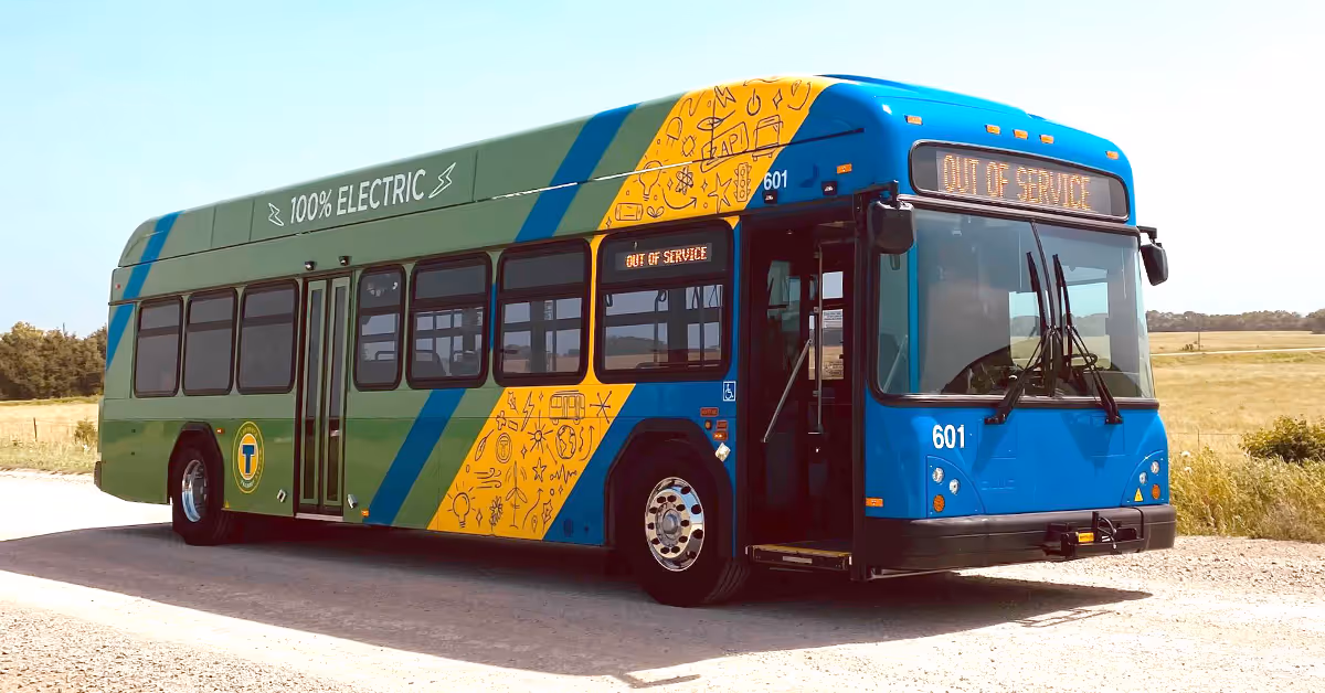Electric transit bus with stripes of green gold and blue