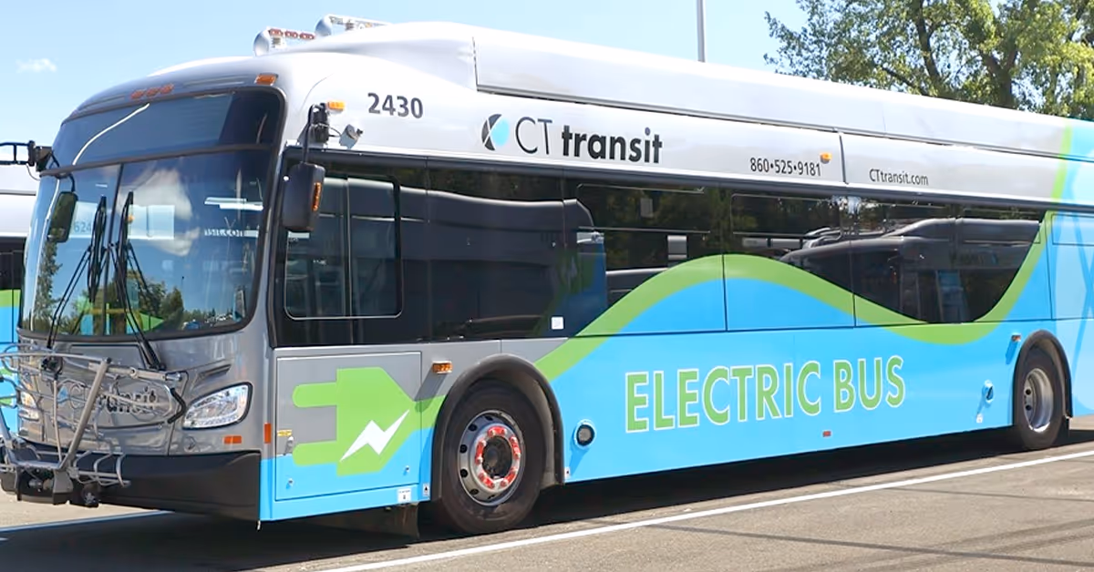 side of CT Transit bus with blue and green wave design 