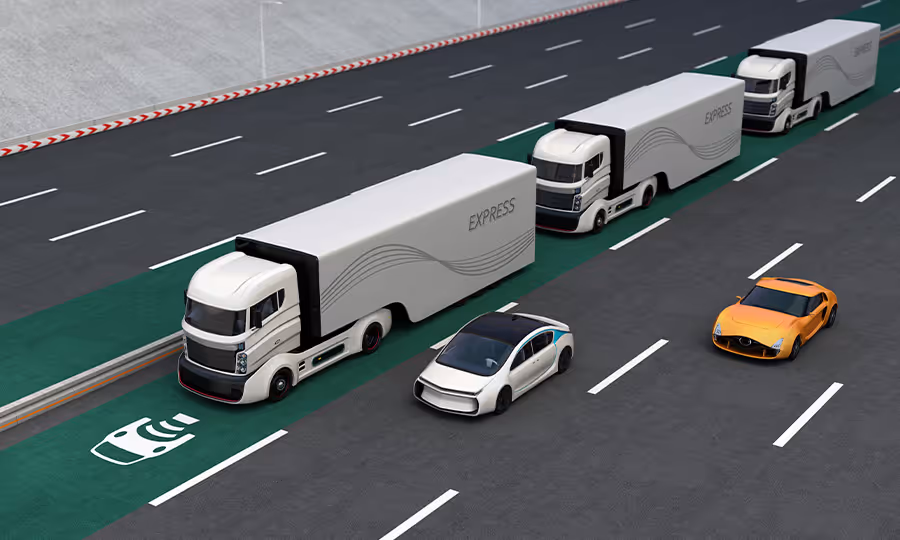 mockup image of three autonomous semi truck vehicle driving on highway  