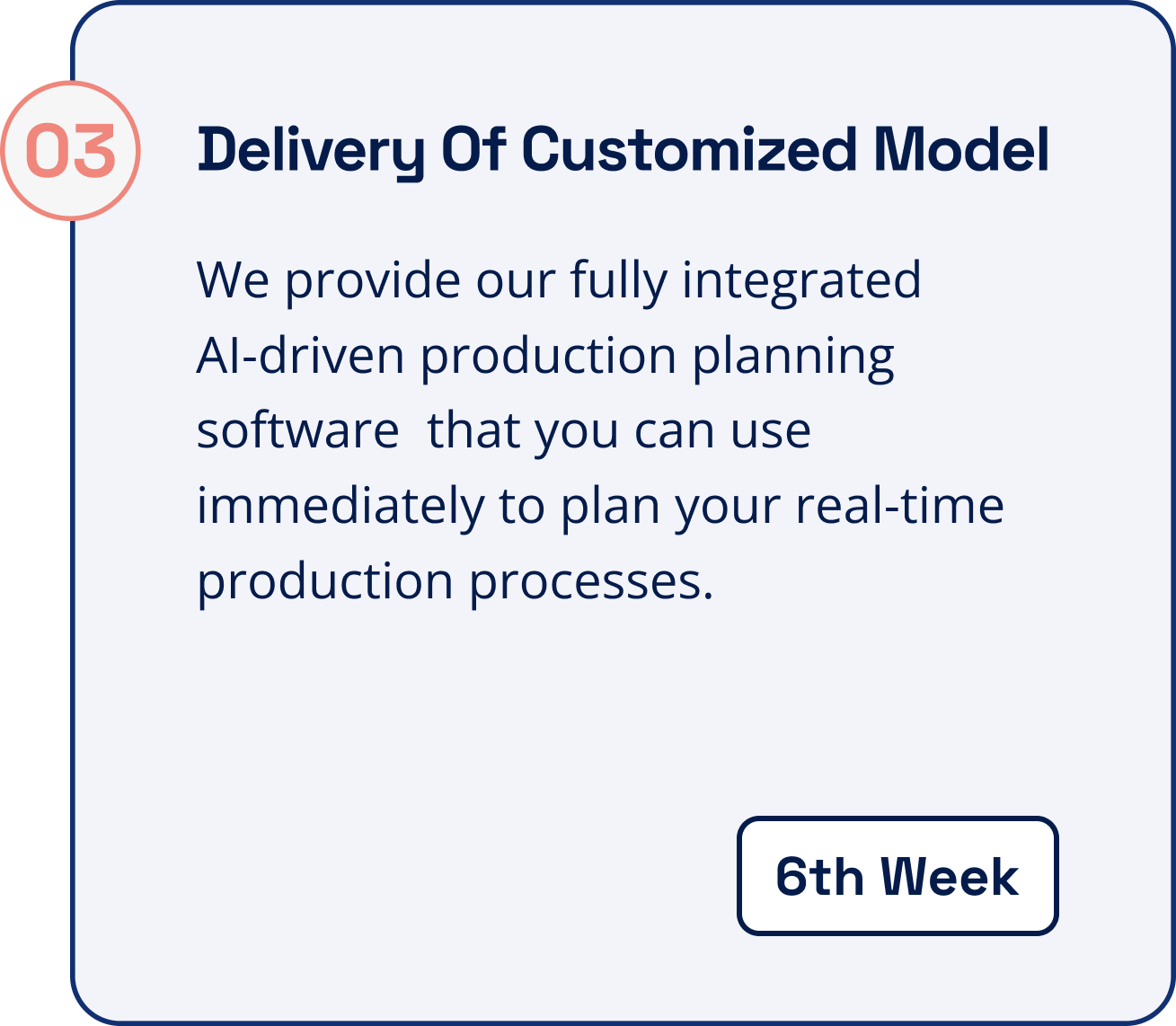 The third step is the delivery of the customized model, where we provide our fully integrated
AI-driven production planning software that you can use immediately to plan your real-time production processes. This step takes 1 week of time.