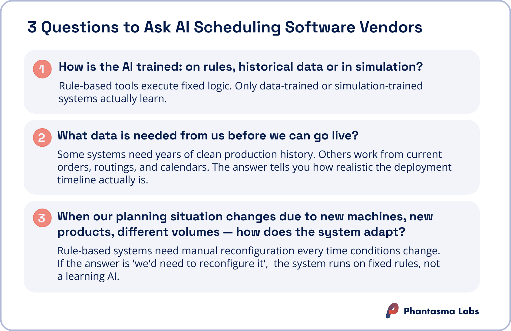 Three questions to ask AI scheduling vendors: how it was trained, what data it needs, how it adapts to change.