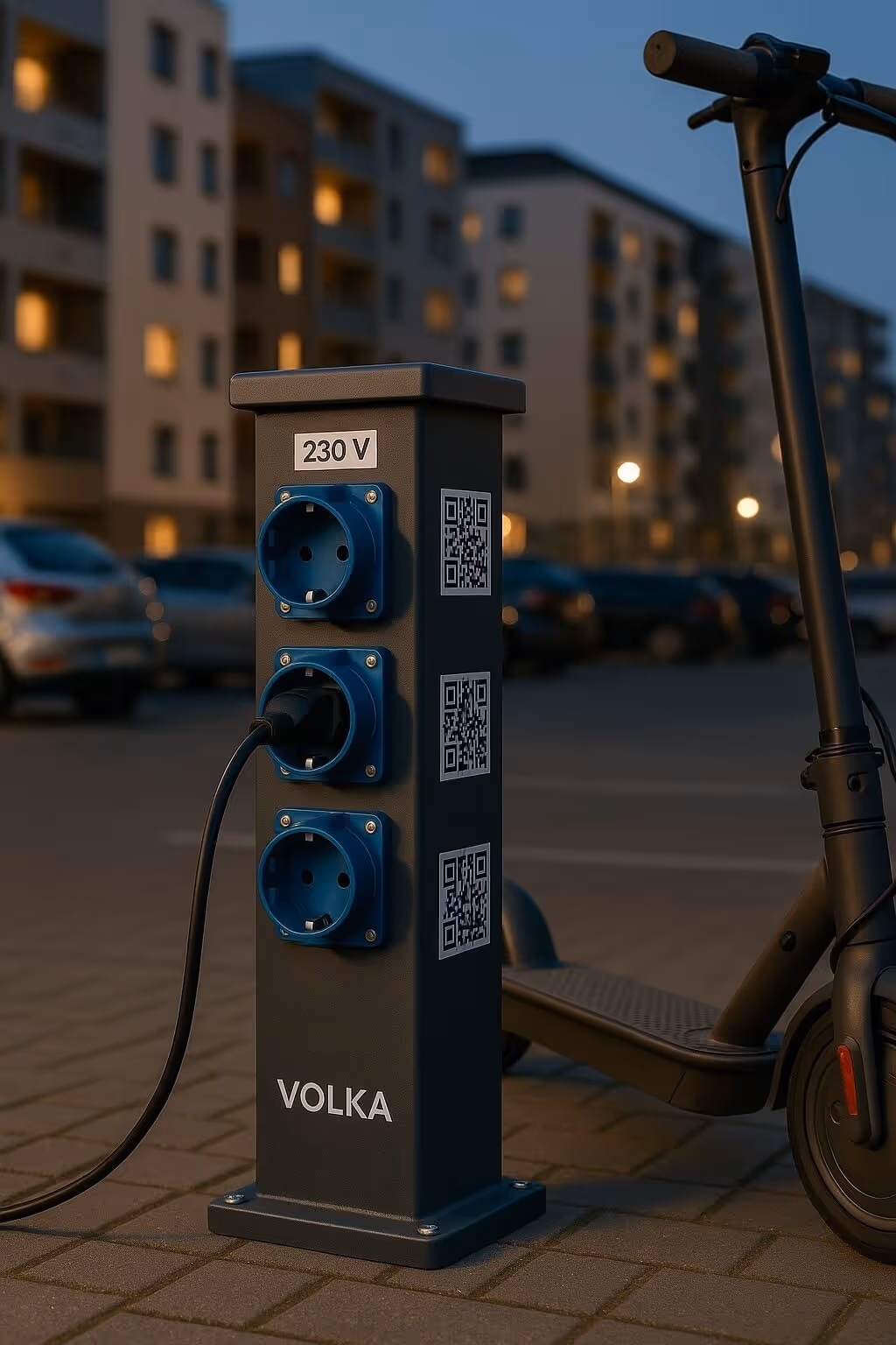 A modern VOLKA 230V power station with multiple sockets installed in a shared urban space, enabling safe and controlled public access to electricity—ideal for charging electric scooters and devices