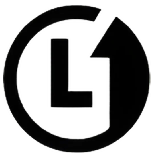 Black circular logo with stylized letter L inside and an arrow shape on the top right side.