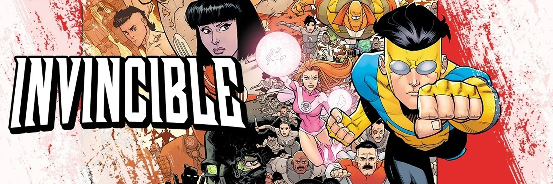Invincible banner art featuring the title logo, Invincible flying forward, and supporting characters from the series.