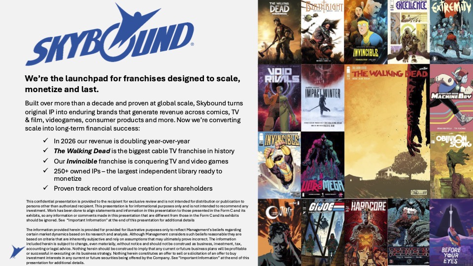 Skybound investor slide with logo, growth highlights, and a collage of The Walking Dead, Invincible, and comic covers.