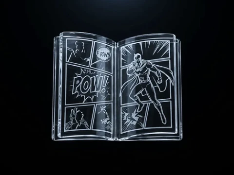 3D transparent comic book with superhero panels showing action scenes; one panel features the word 'POW!' in bold comic style.