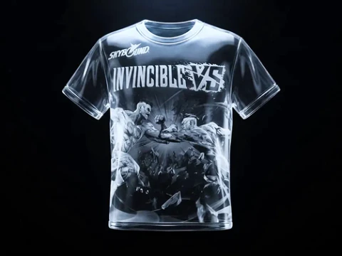 Dark graphic t-shirt with white artwork showing two muscular figures in a dramatic boxing pose beneath the bold text 'INVINCIBLE VS' and a smaller logo 'SKYBOUND' at the top left.