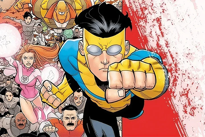 Comic book styled superhero wearing yellow and blue costume with goggles flying forward with a fist extended, accompanied by a diverse group of other superheroes in various costumes in the background with a red and white splattered backdrop.