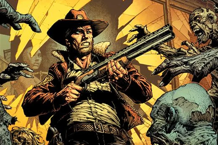 A rugged man wearing a cowboy hat and brown jacket aims a double-barreled shotgun at approaching zombies with decayed skin and outstretched hands in a dark, tense scene.