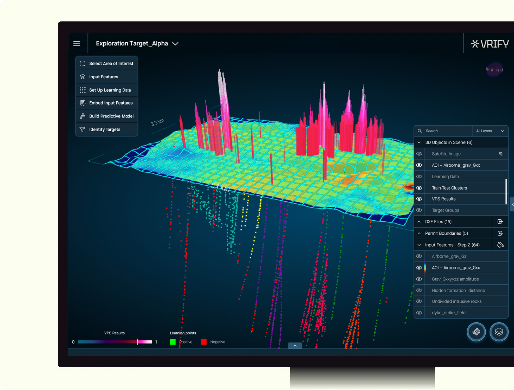A computer monitor displaying a 3D geospatial data visualization
