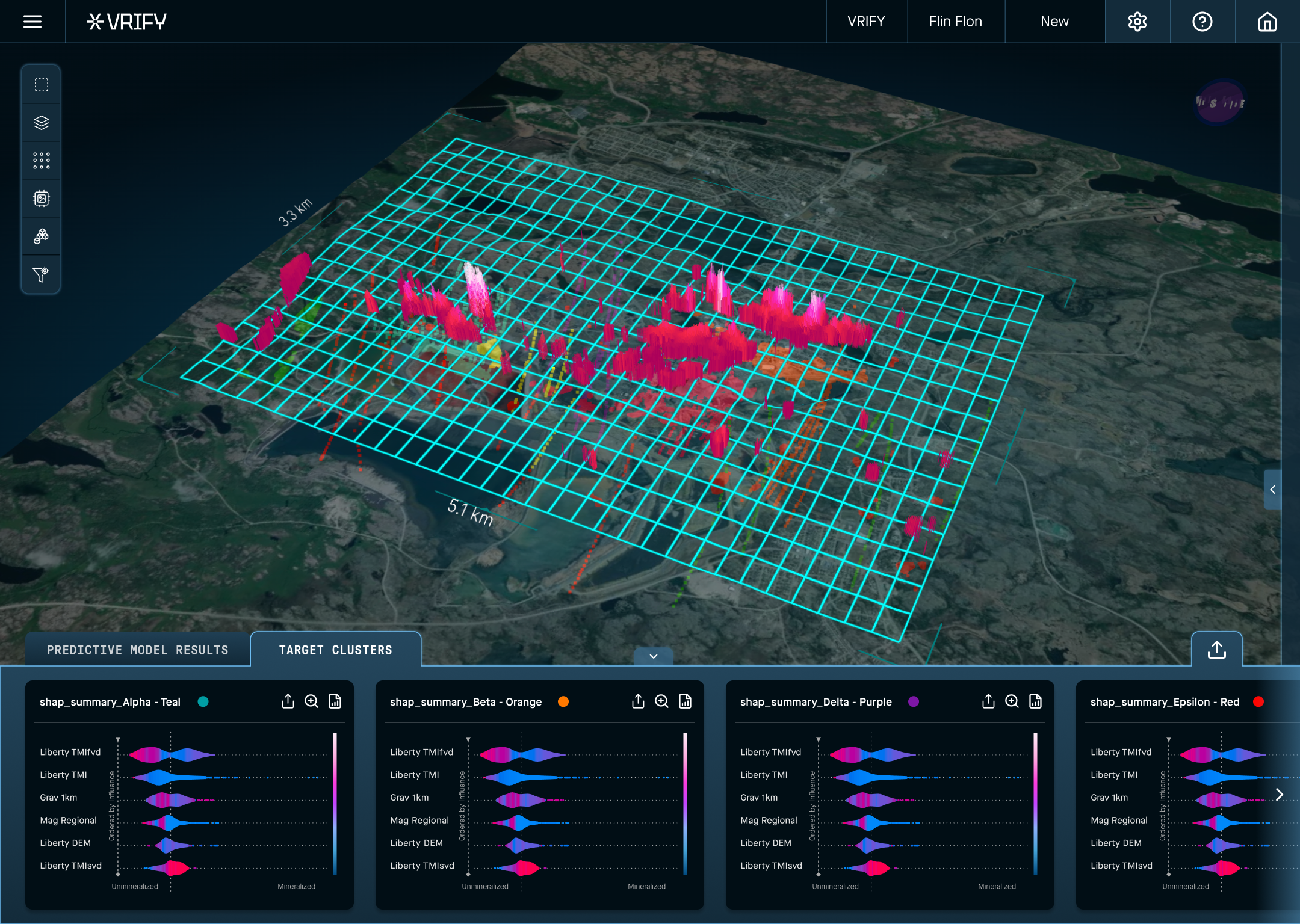A computer monitor displaying a 3D geospatial data visualization with a dark-themed interface
