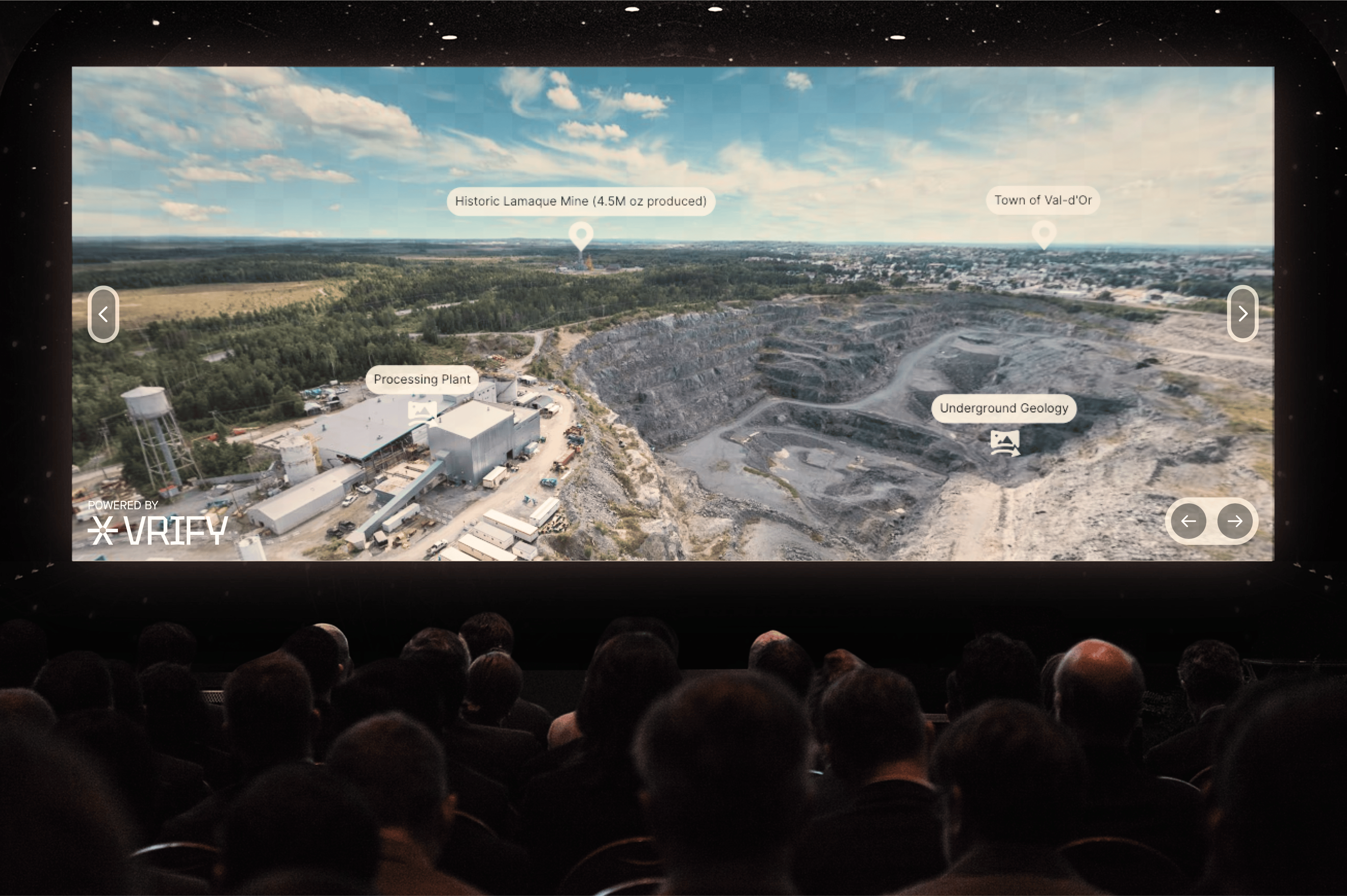 A computer monitor displaying a 3D geospatial data visualization with a dark-themed interface