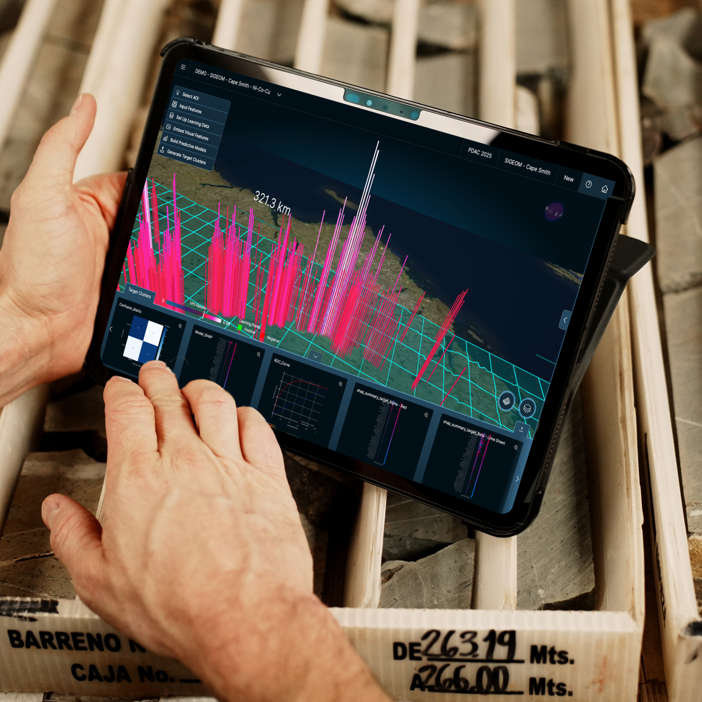 A 3D interface showing a network-like structure with pink and blue data points