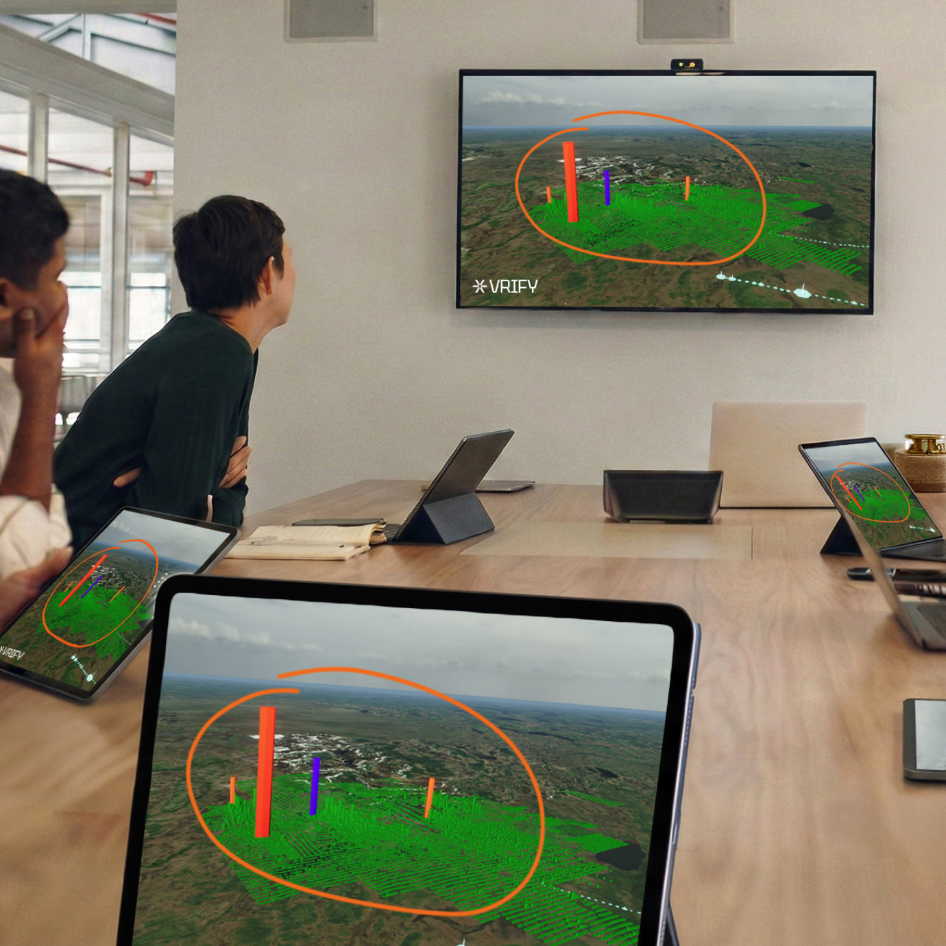 A 3D interface showing a network-like structure with pink and blue data points