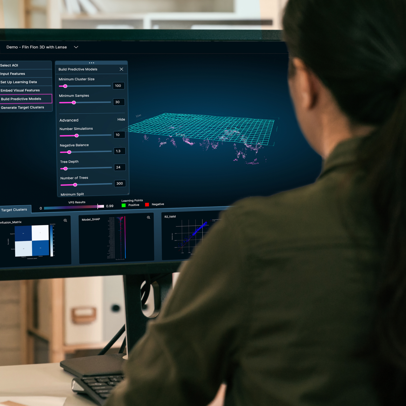 A 3D geospatial visualization displaying vertical pink spikes extending from a grid overlay on a map