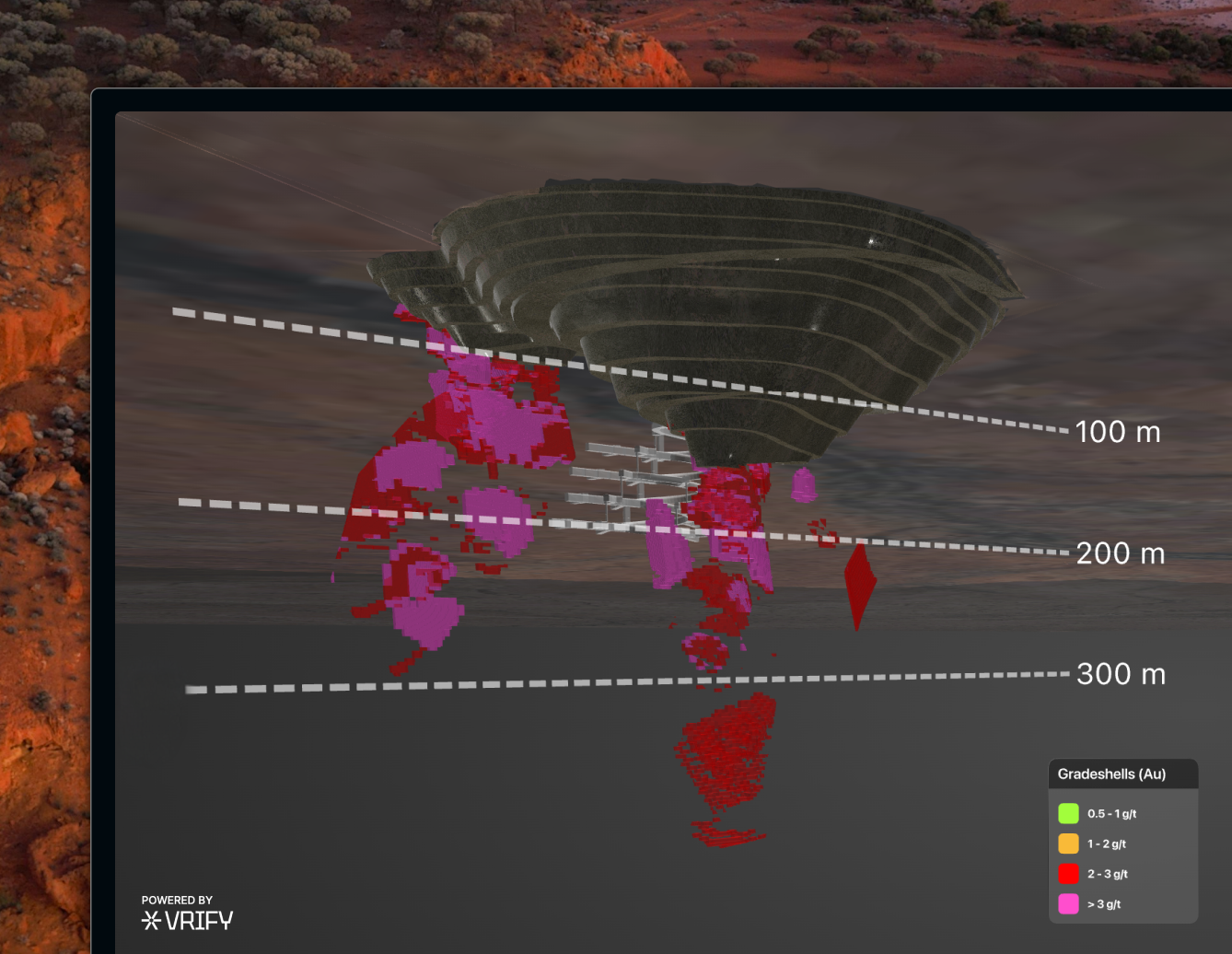 A computer monitor displaying a 3D geospatial data visualization with a dark-themed interface