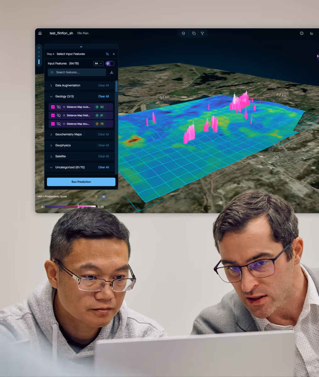 A 3D interface showing a network-like structure with pink and blue data points