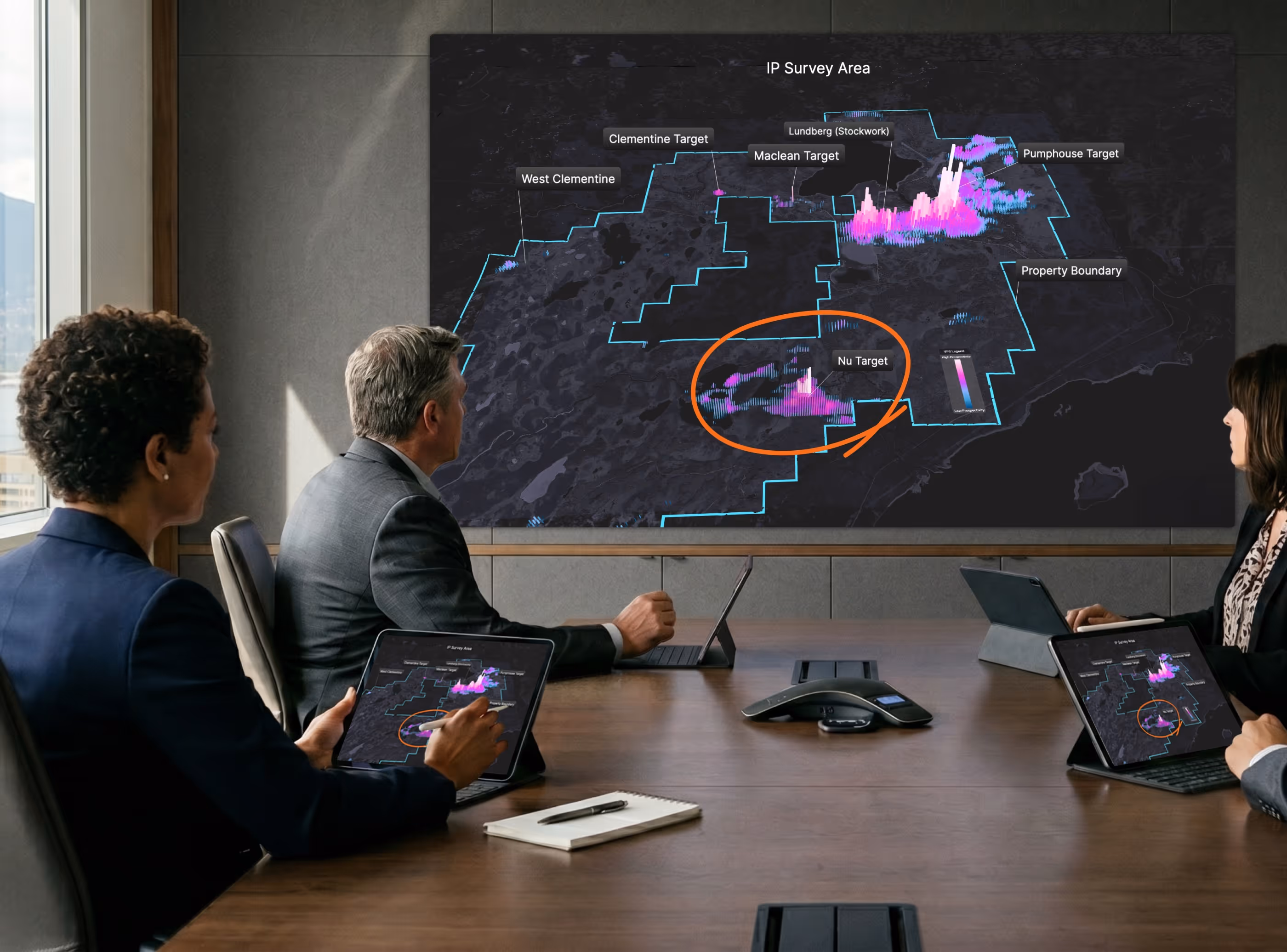 A computer monitor displaying a 3D geospatial data visualization with a dark-themed interface
