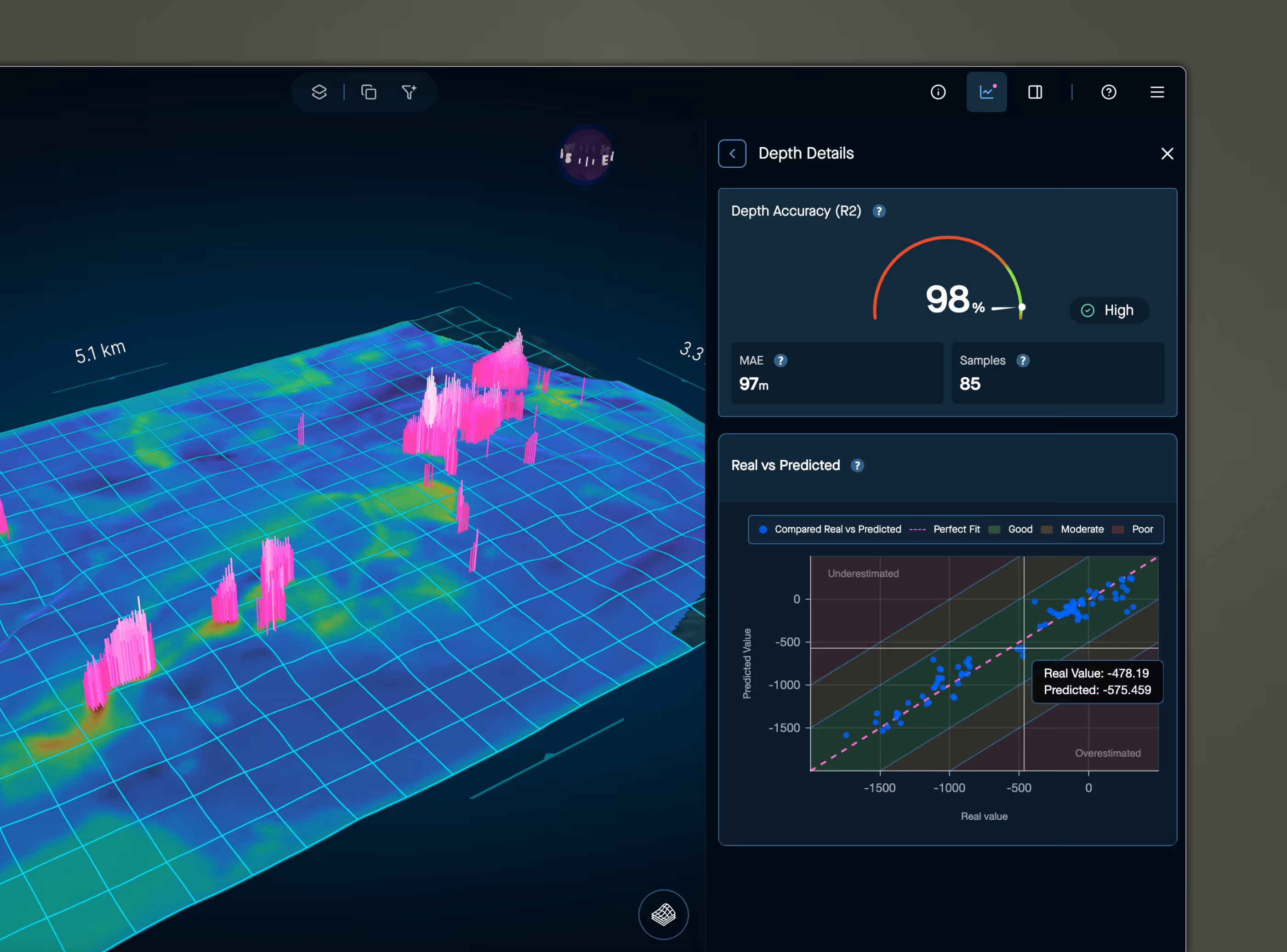A computer monitor displaying a 3D geospatial data visualization with a dark-themed interface