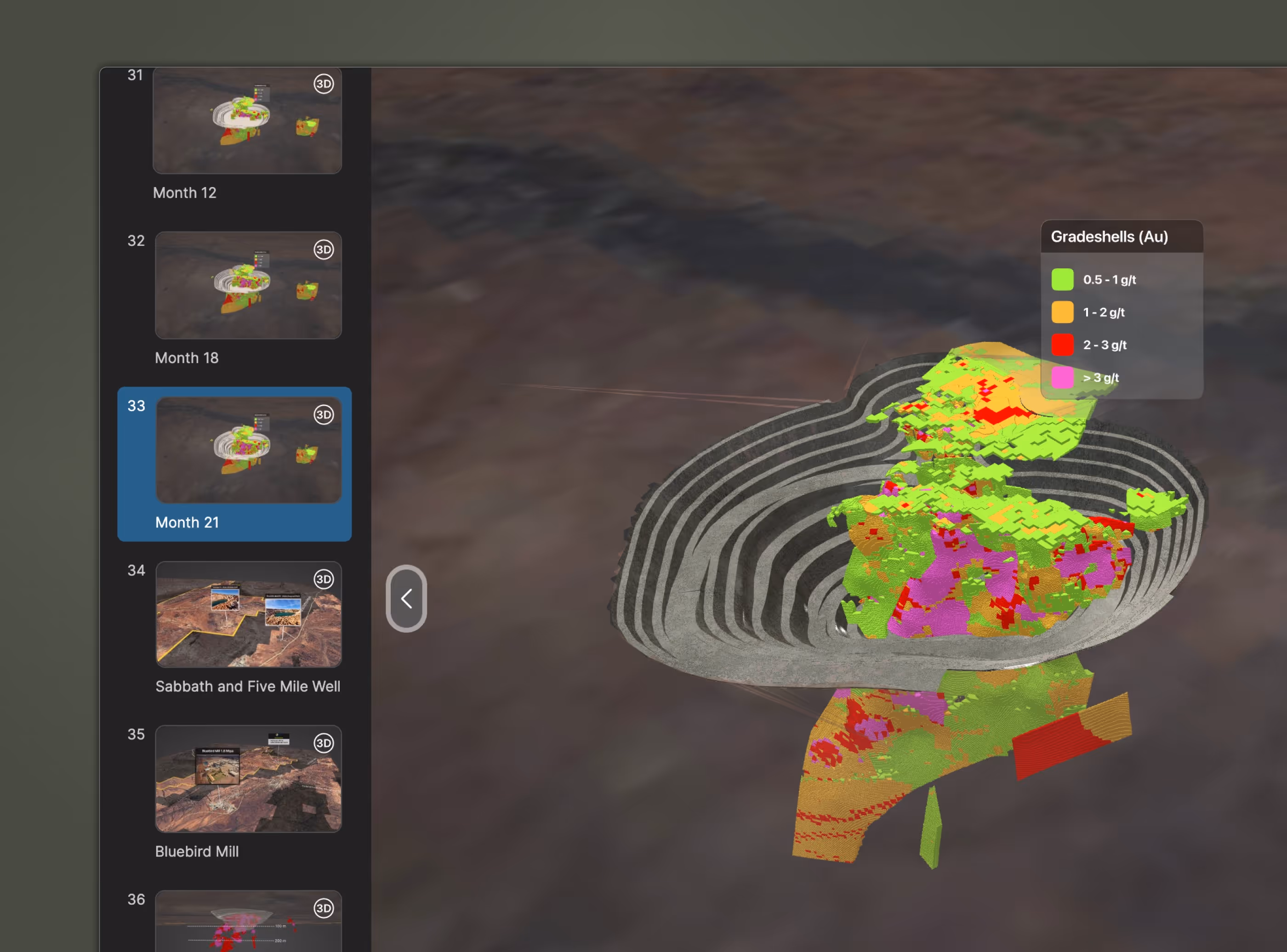 A computer monitor displaying a 3D geospatial data visualization with a dark-themed interface
