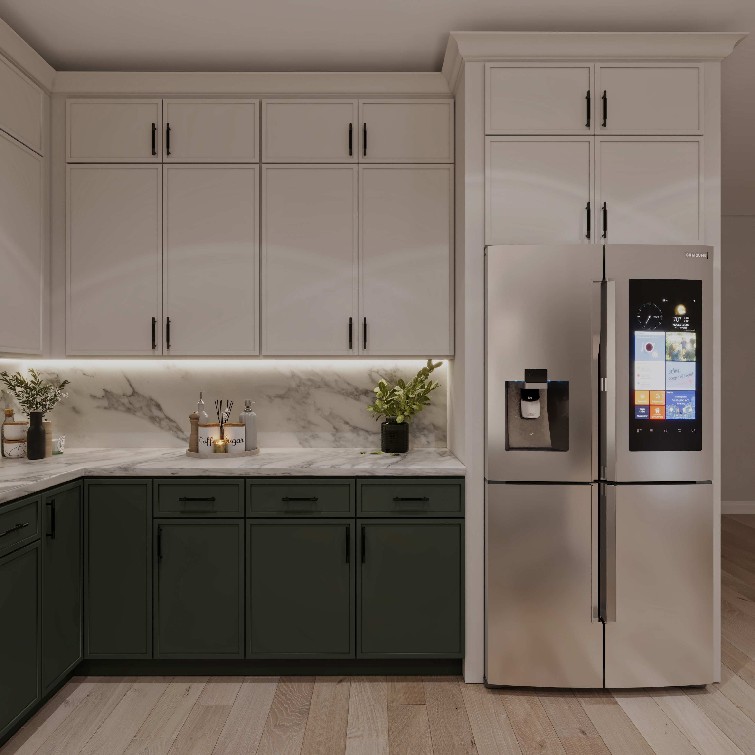 A modern kitchen cabinetry in dark olive colors