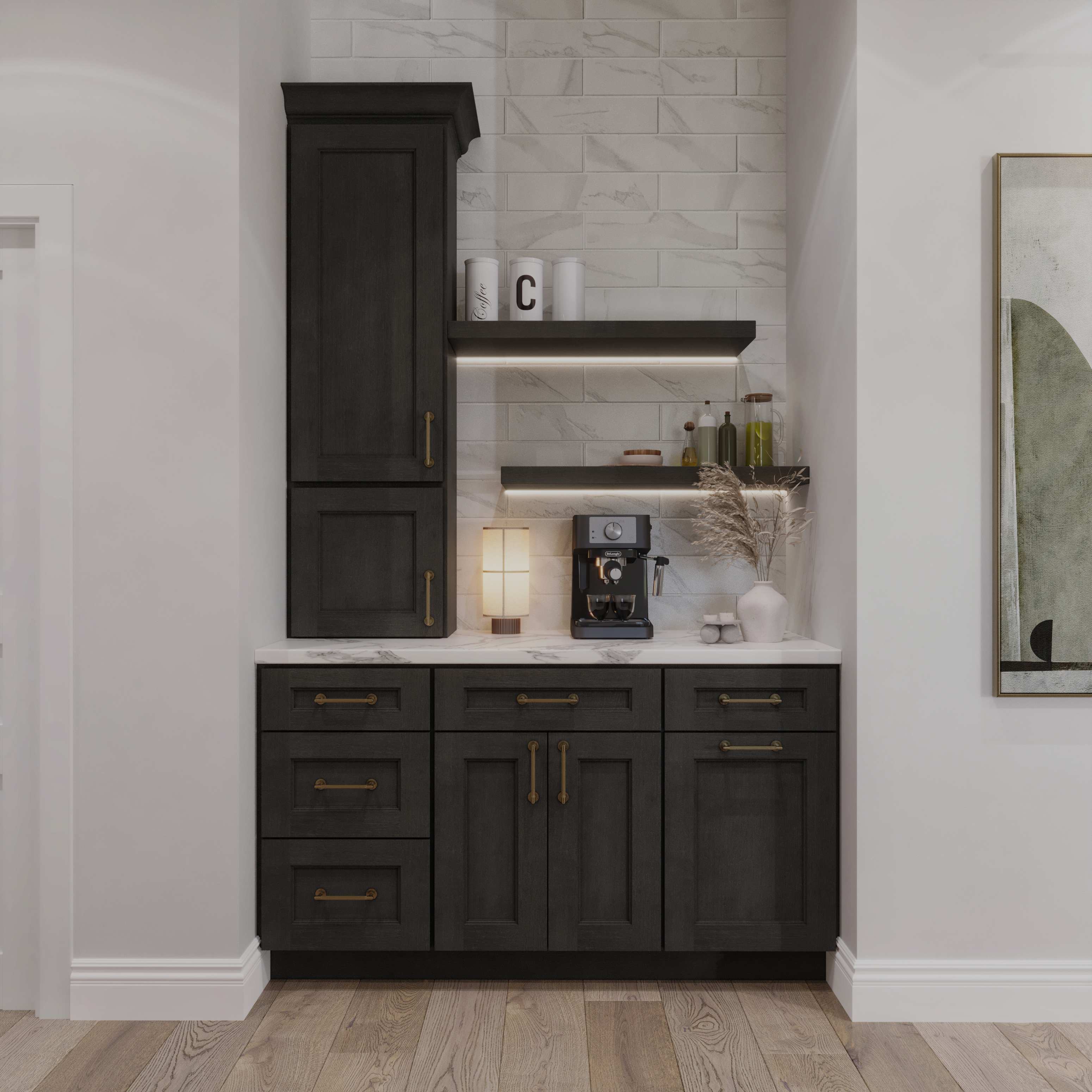 A modern kitchen cabinetry in dark colors