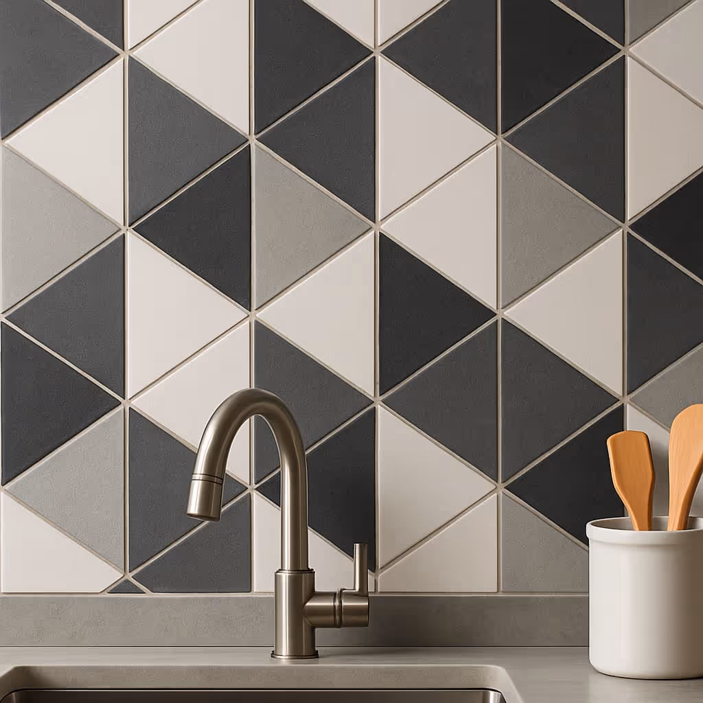 Modern kitchen sink with a stainless steel faucet set against a geometric black, gray, and white tiled backsplash and a container holding wooden utensils.