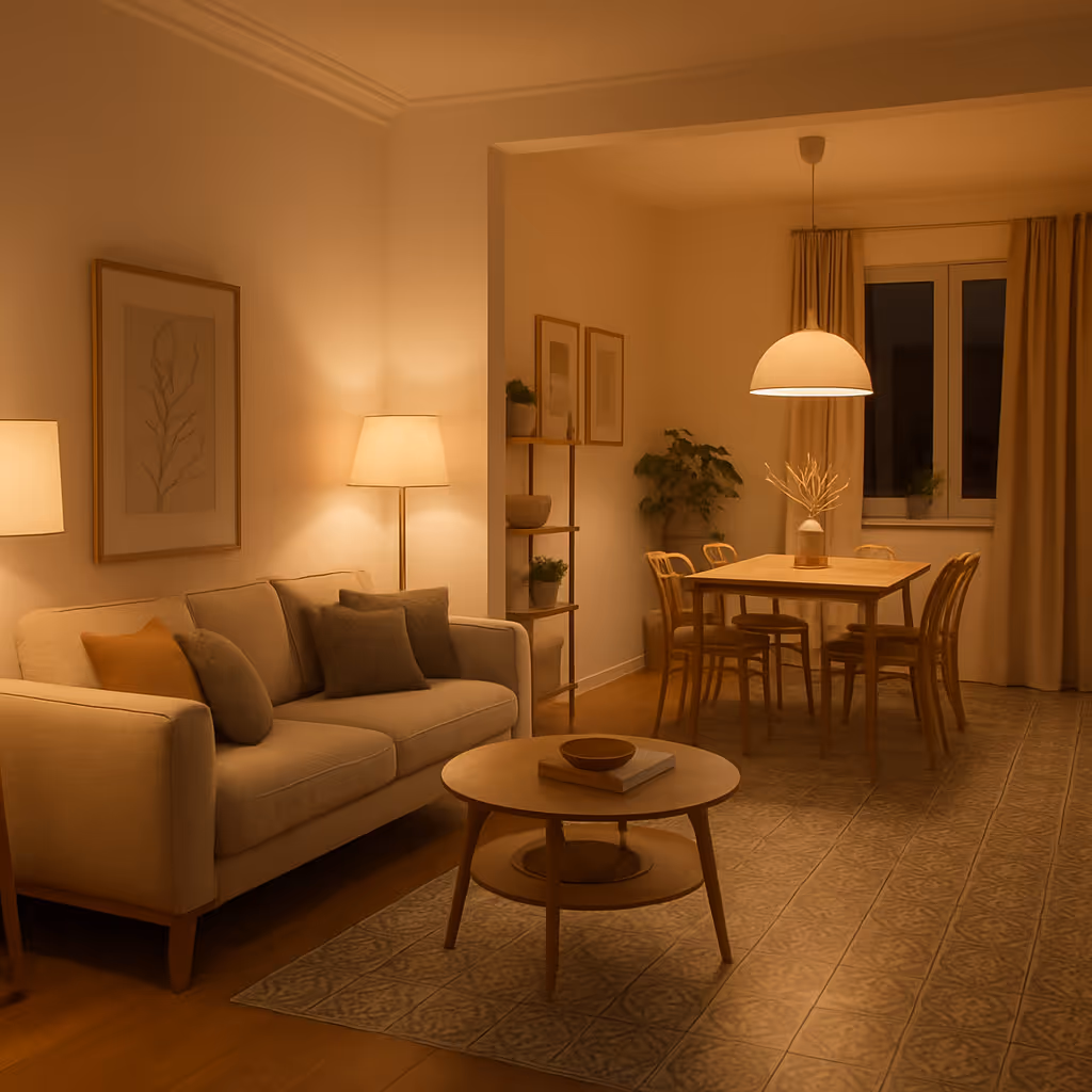Cozy living room and dining area with beige sofa, wooden furniture, soft lighting, and a round coffee table on a patterned rug.
