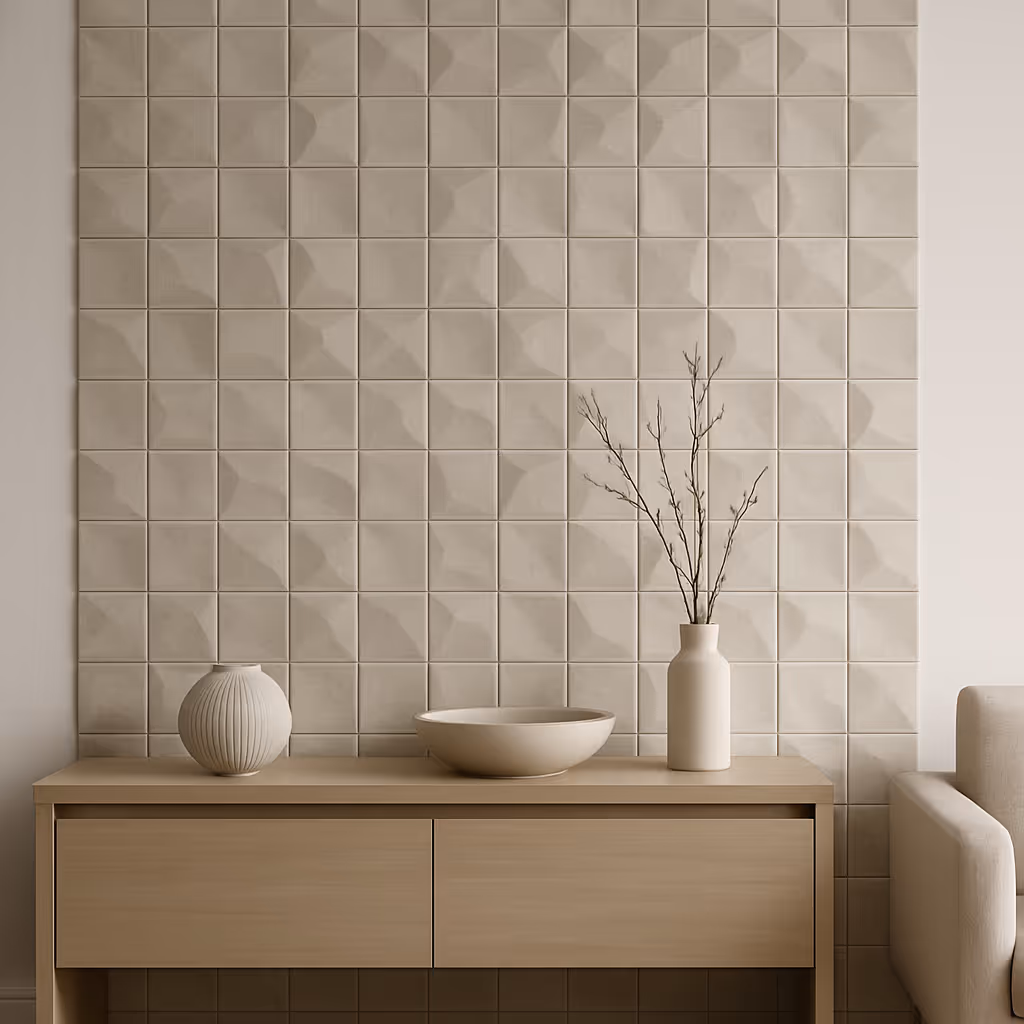 Minimalist wooden sideboard with a round vase, shallow bowl, and tall vase with branches against a textured beige tile wall.