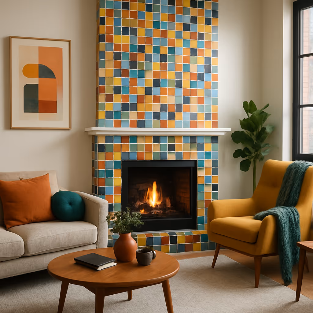 Cozy living room with a colorful tiled fireplace, beige sofa with orange and green pillows, yellow armchair with green throw, wooden coffee table, and framed abstract art on the wall.