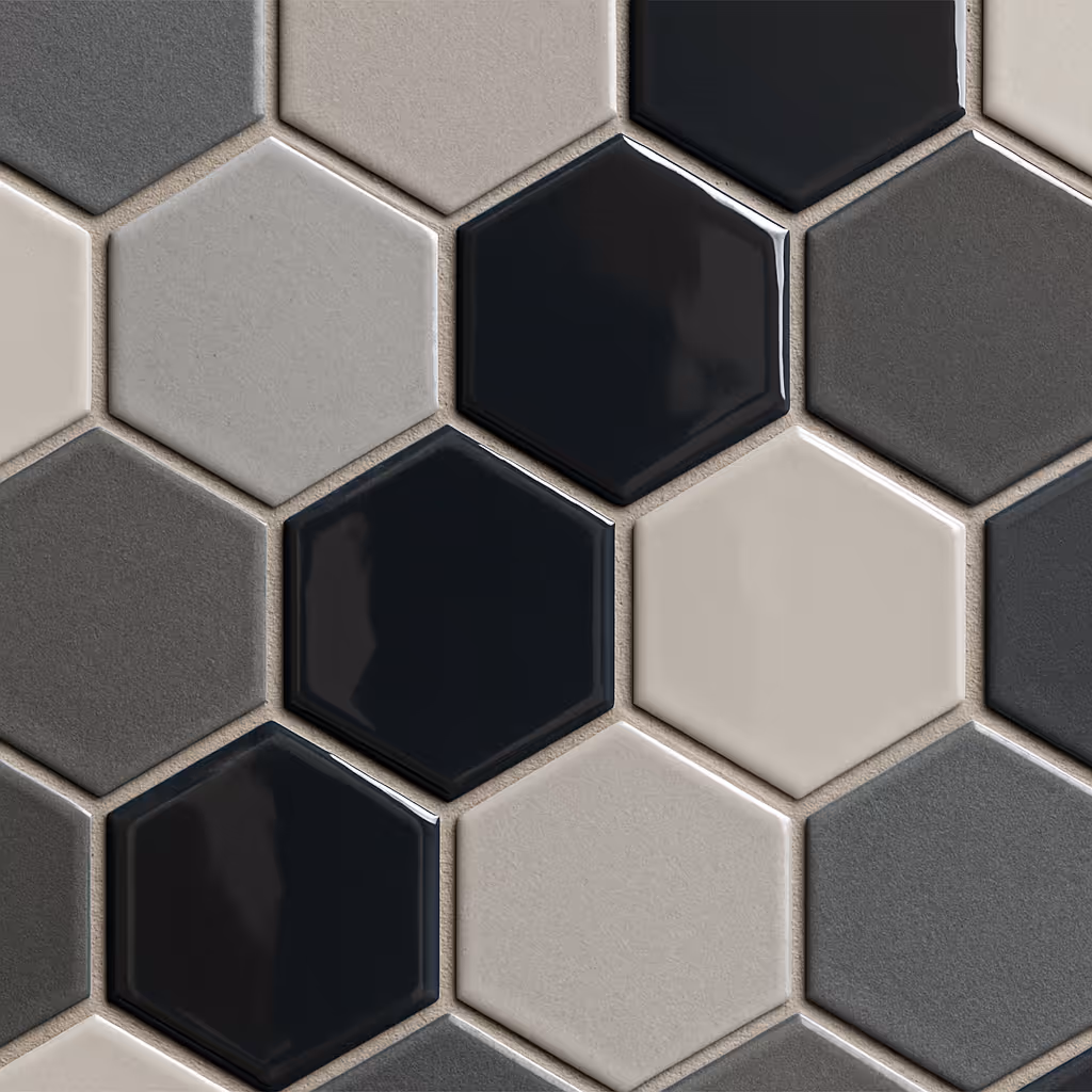 Close-up of hexagonal ceramic tiles in shades of black, gray, and beige with grout lines.