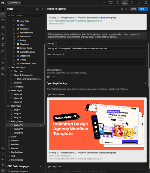 Subscription X - Webflow Template Meta Configuration
