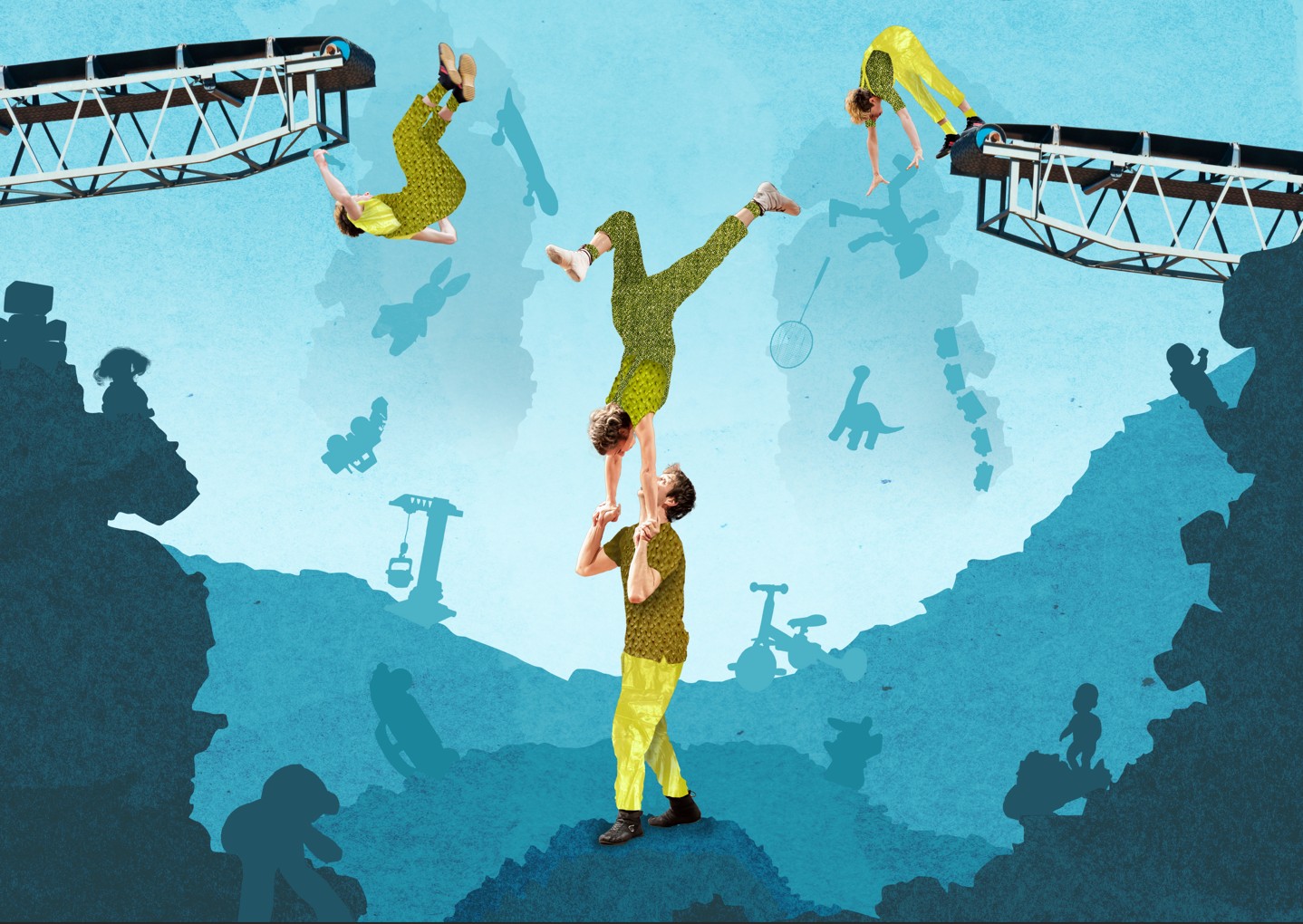 2 acrobaten in een grafisch landschap