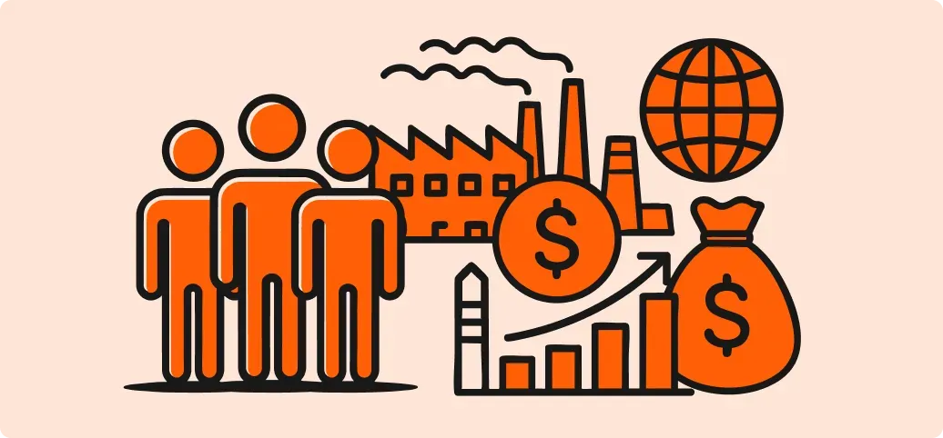 An illustration showing a group of people, a factory, a globe, and financial symbols including dollar signs, a bar graph with an upward arrow, and a money bag. This suggests concepts like industry, global reach, financial growth, and wealth management.