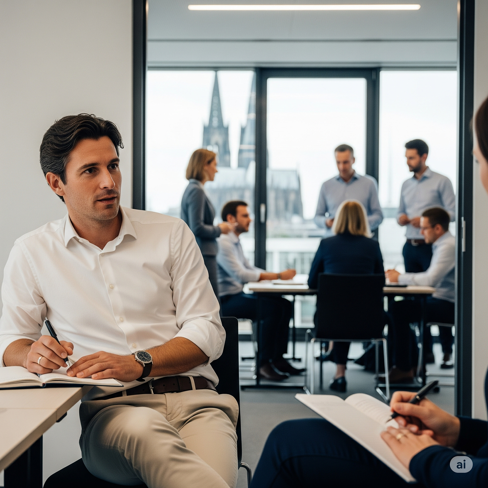 Person die etwas auf ein Whiteboard schreibt, mit zwei Personen verschwommen im Hintegrrund