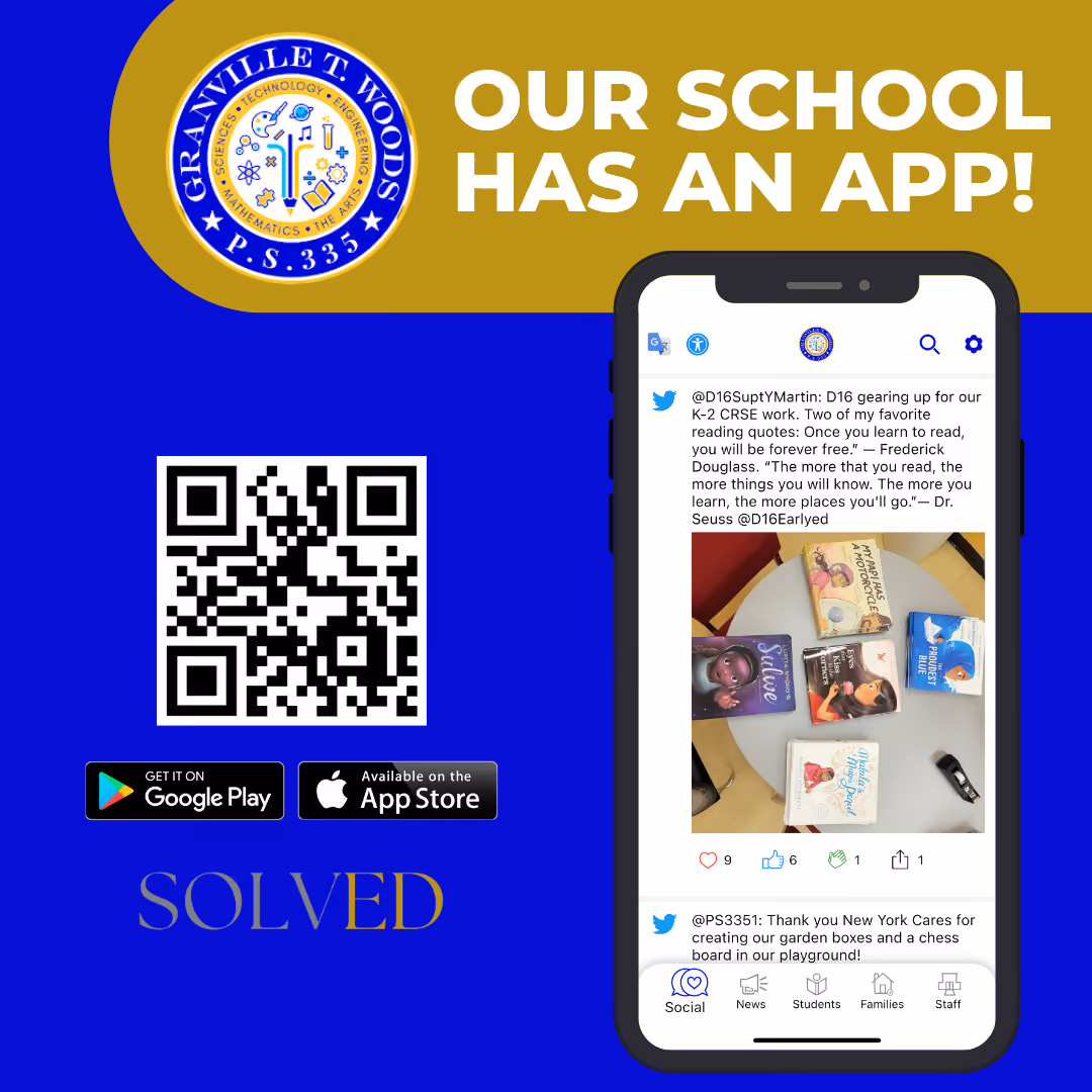 PS 335 school app flyer with QR code and download links