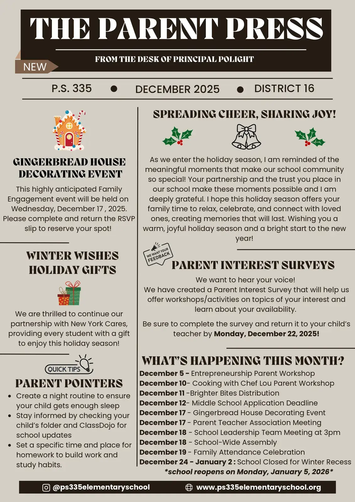 December 2025 Parent Press newsletter from Principal Polight PS 335