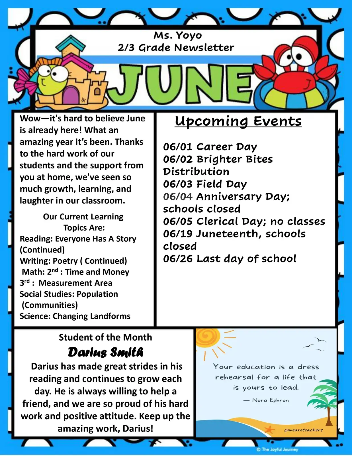 Ms. Yoyo grade 2 and 3 June newsletter with events and student spotlight