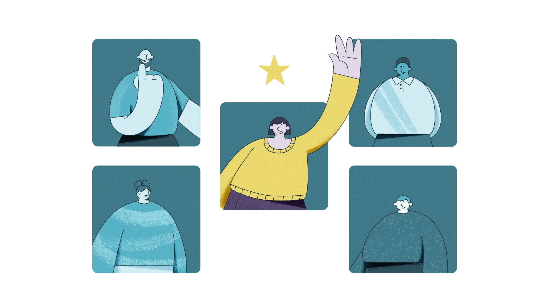 An Illustration featuring 5 different people within boxes. In the centre is a brightly dressed lady waving. Her arm is protruding out of her box, and there is a star above her head.