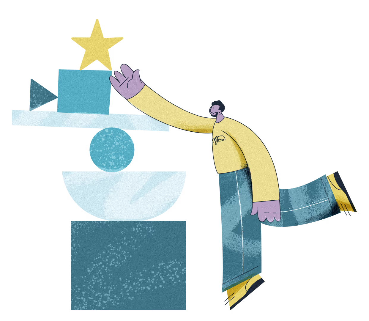 An illustration of a man reaching towards the top of a pile of different shapes. At the top sits a bright star.