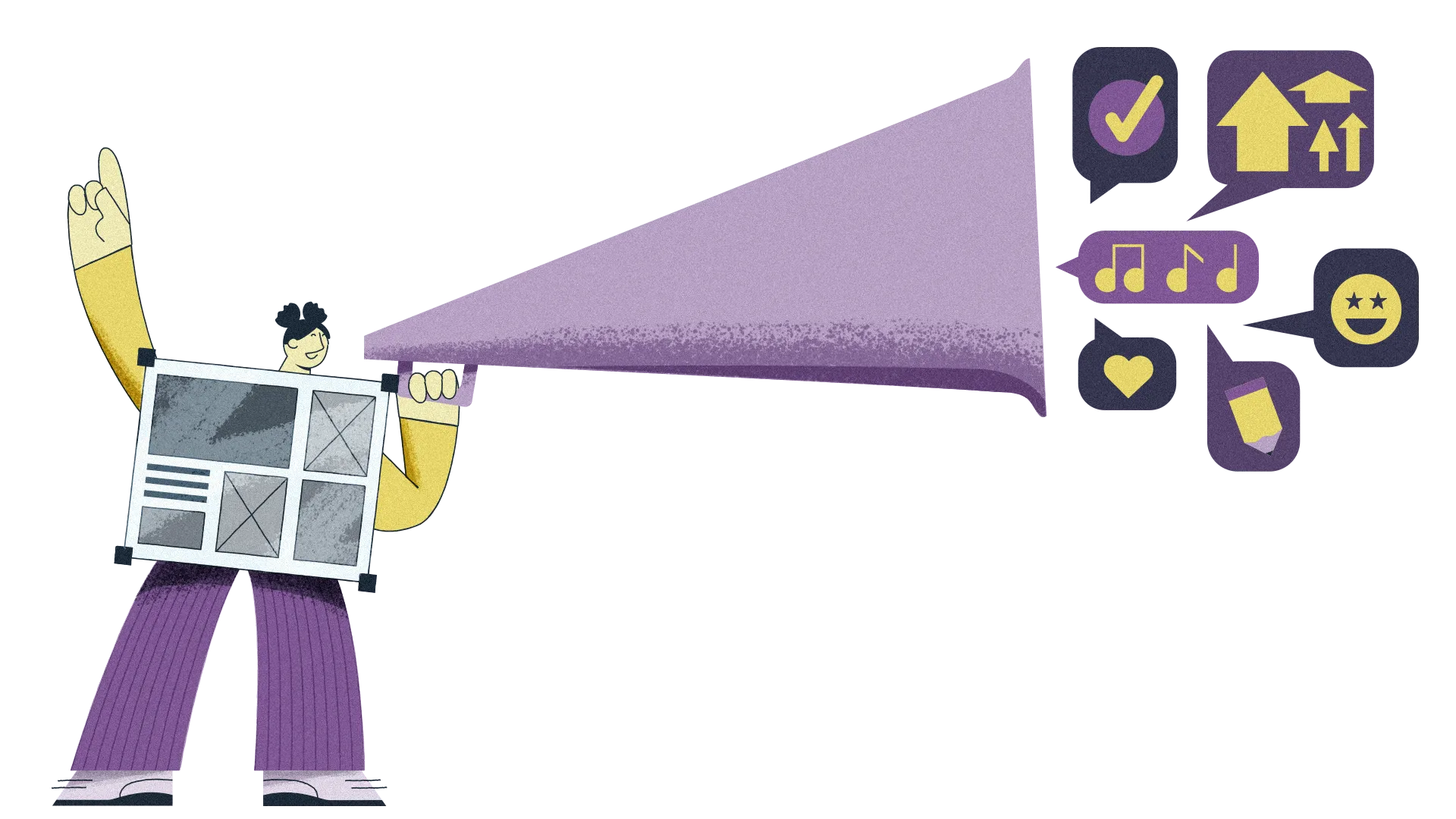 Illustration of a lady raising a large megaphone with various icons emitting from it (musical notes, love heart emoji, tick, smiley face). 