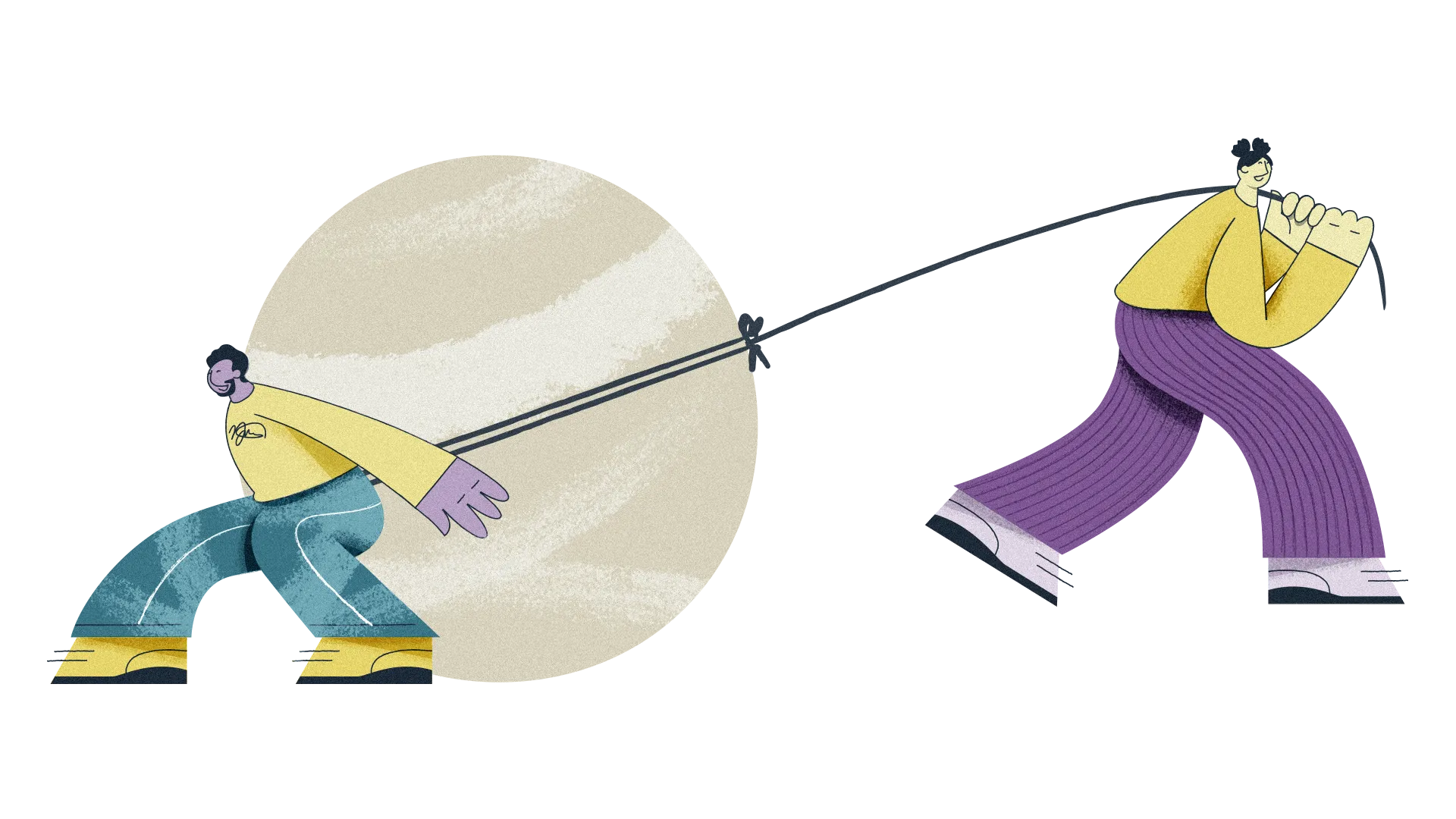An illustration of a man and woman pushing and pulling a boulder up a hill, using a rope.