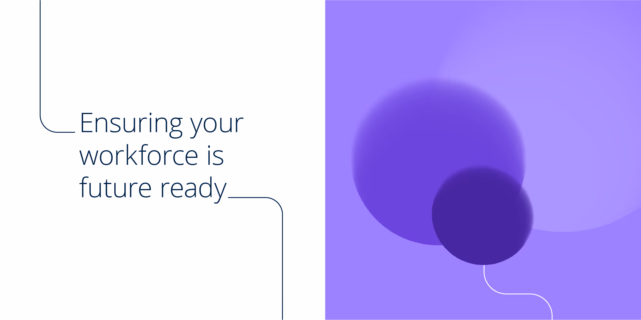 The image is split in half, with white on the left and purple on the right. On the right there are three orbs and on the left a message says "Ensuring your workforce is future ready"