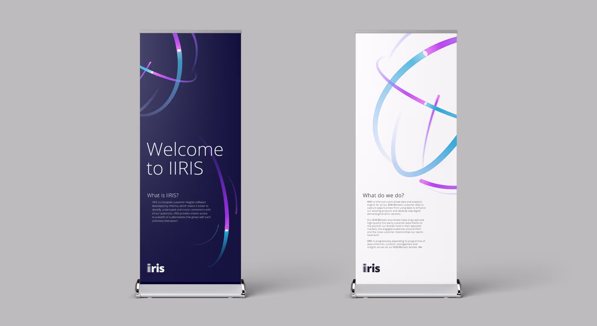 Two IIRIS branded events boards, one navy background and one white background