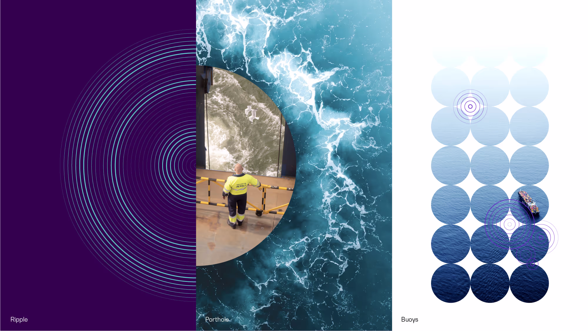 An image split in three using ripples and showing the three different expressions of the LMA brand.