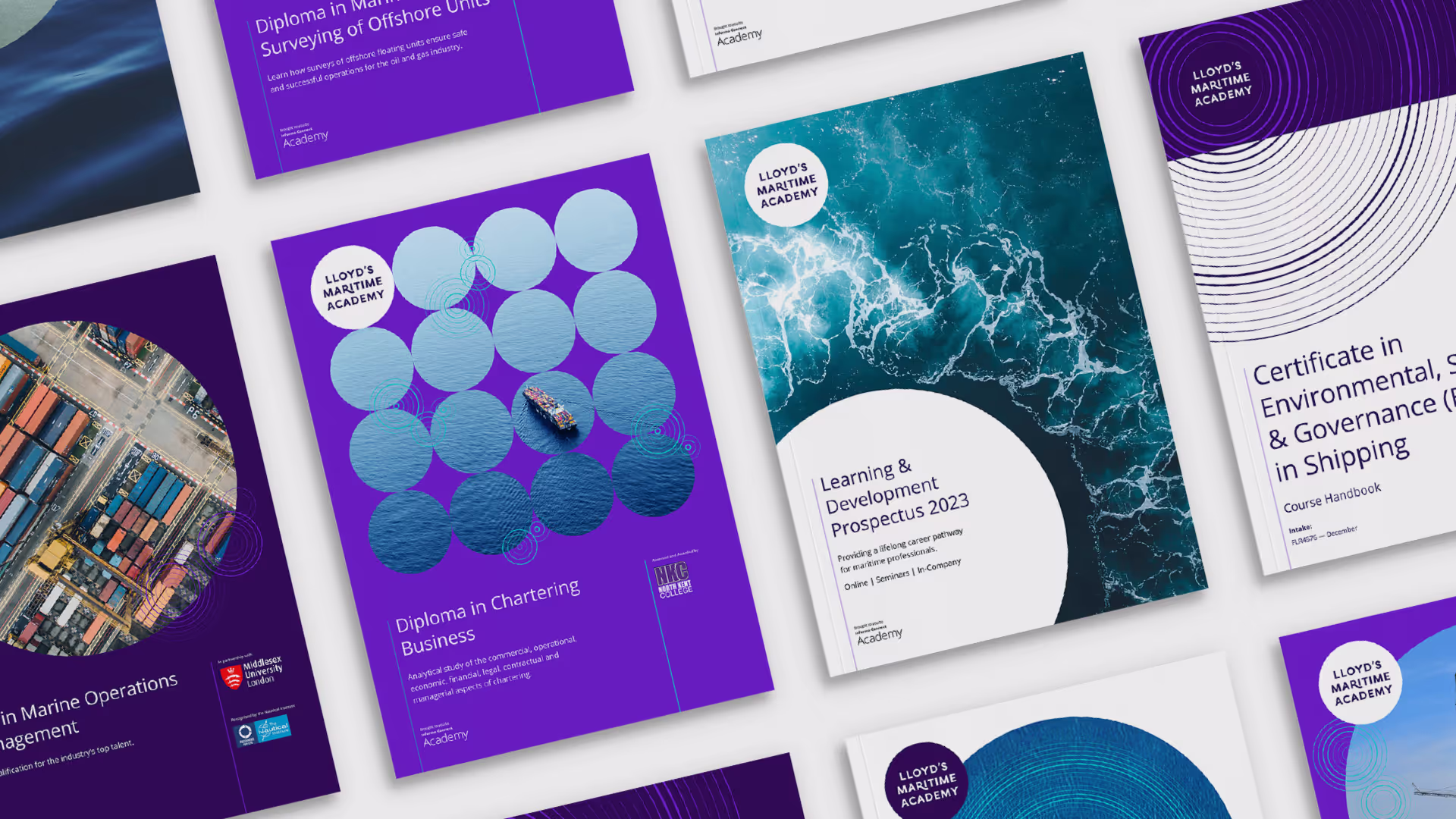 A number of front covers spread out evenly across, all show different variations of the LMA branding (ripples and the logo)