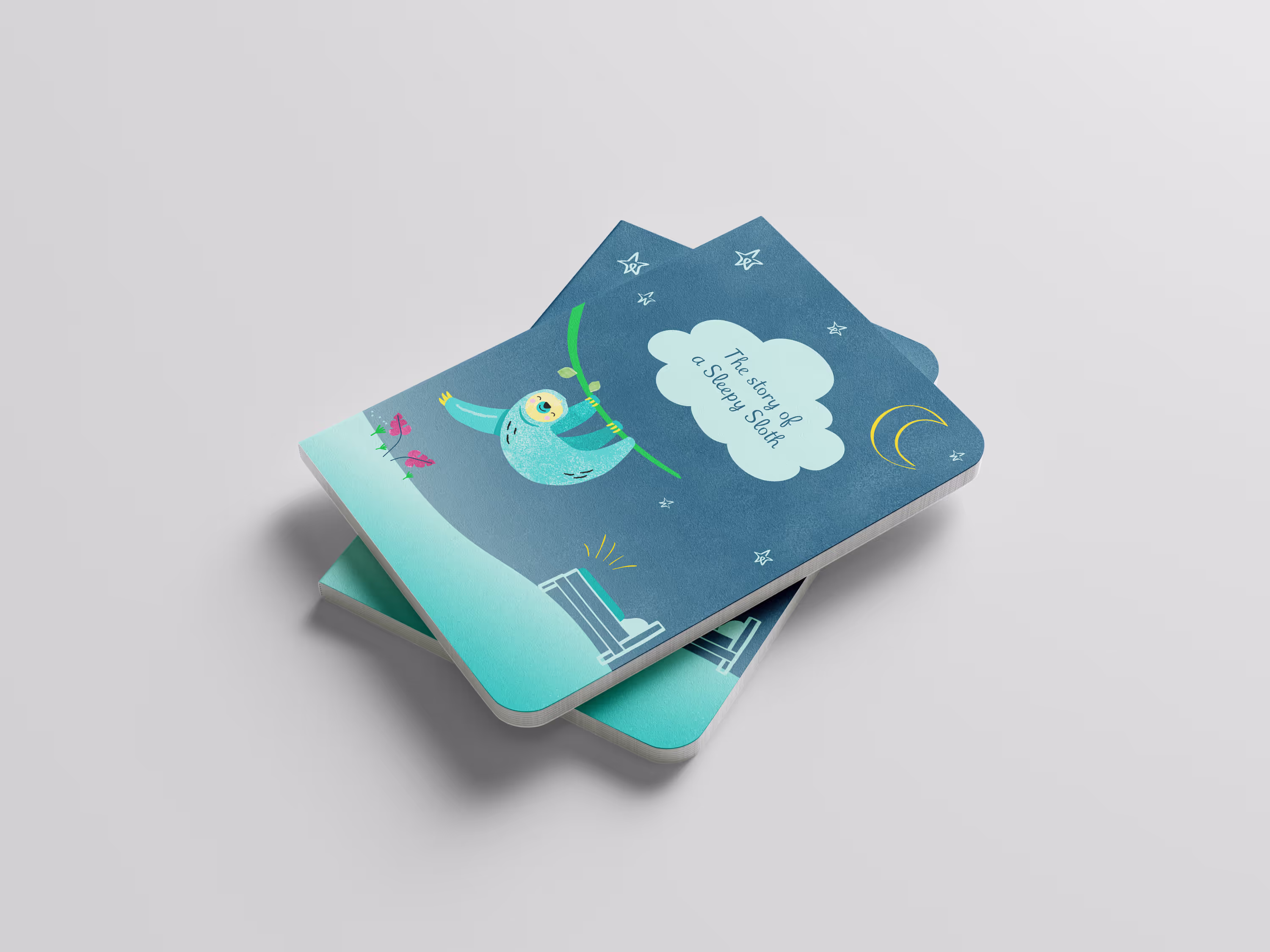 Two "Pampers sleep story" books piled on top of each other. A whimsical illustration is on the front cover, with a sloth hanging from a tree.
