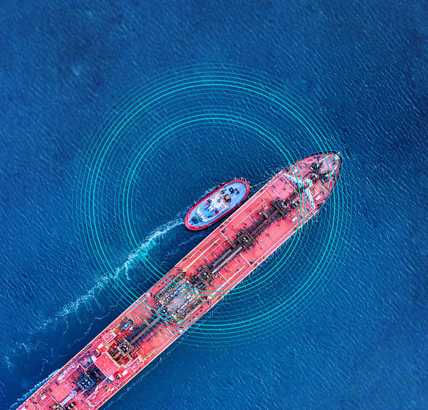 A Cargo ship with graphic circles placed like they are emanating from it
