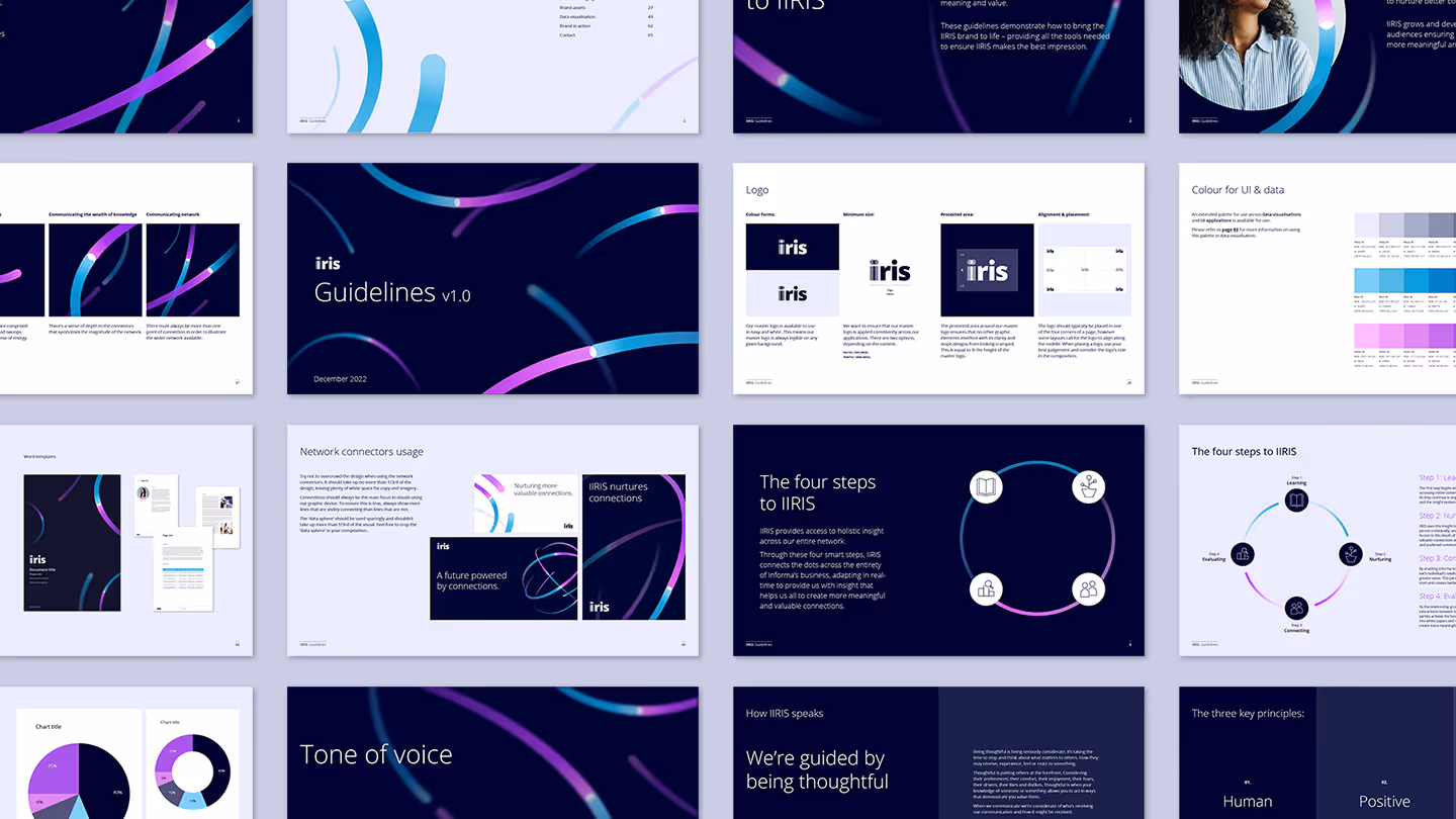 A number of spreads from the IIRIS brand guidelines laid out evenly